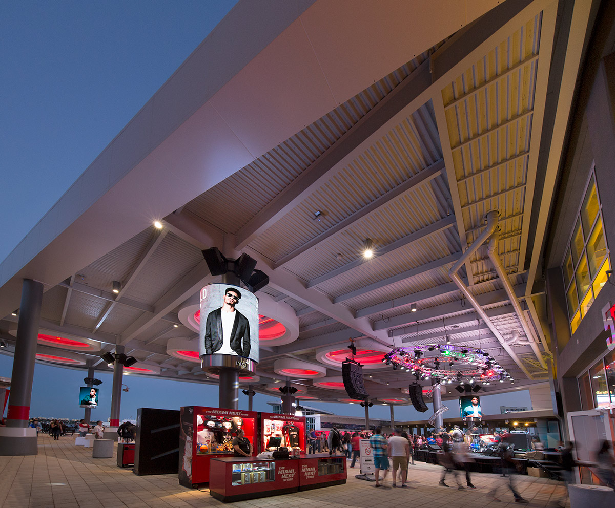 Architectural dusk view of the of the FTX Arena terrace in Miami, FL.